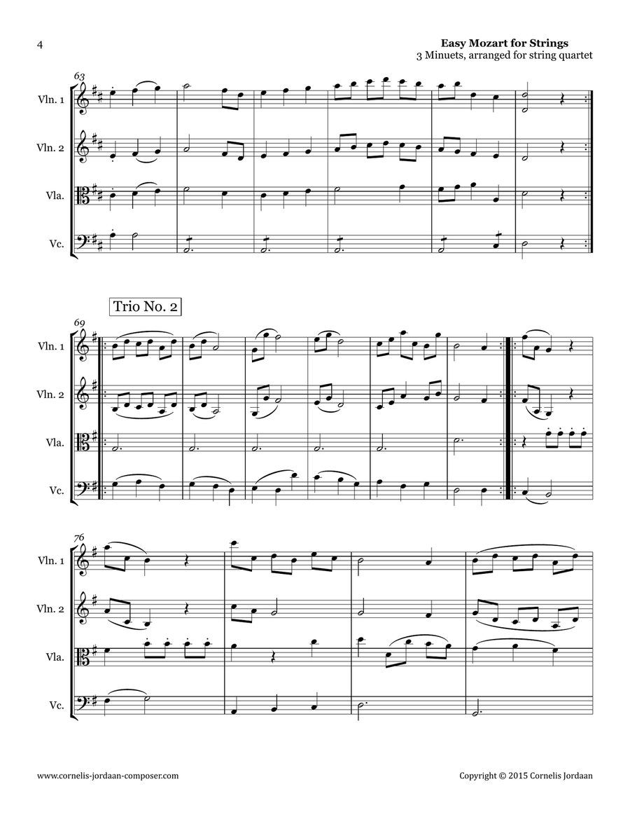 Easy Mozart for Strings - 3 Minuets, arranged for string quartet String Quartet scores gallery preview page 4