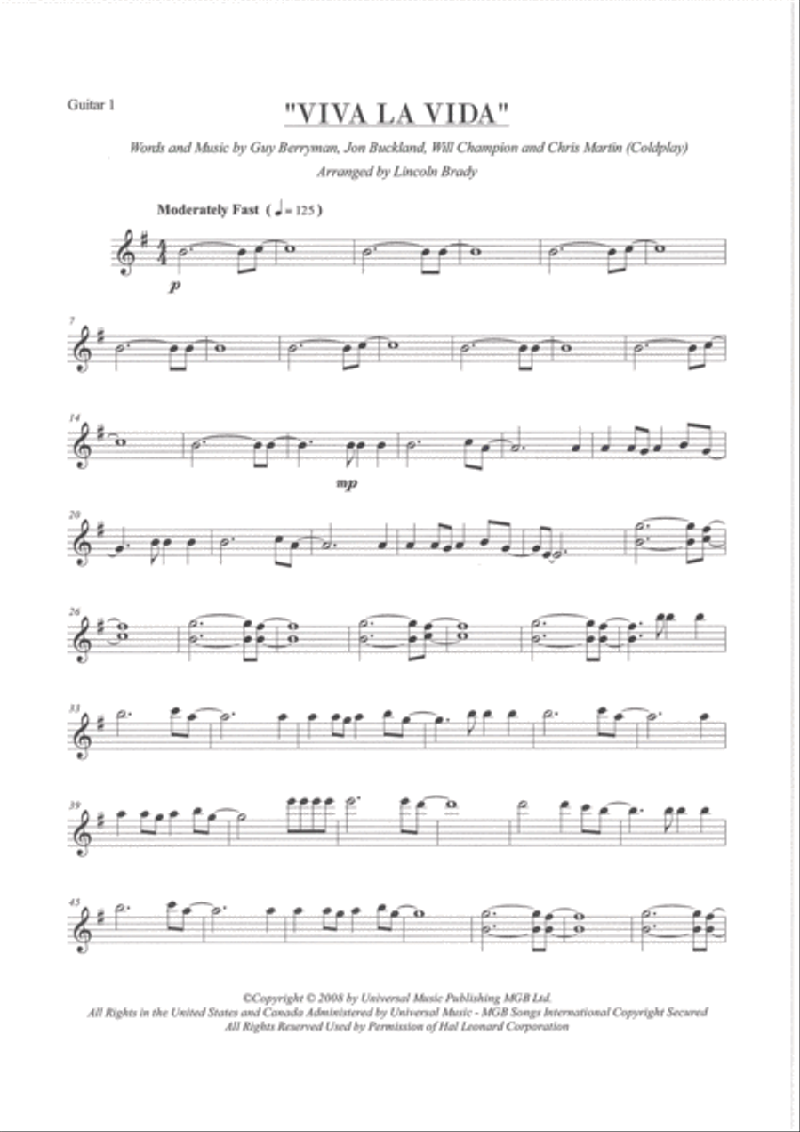 VIVA LA VIDA by COLDPLAY - Guitar Ensemble (Parts Only) image number null