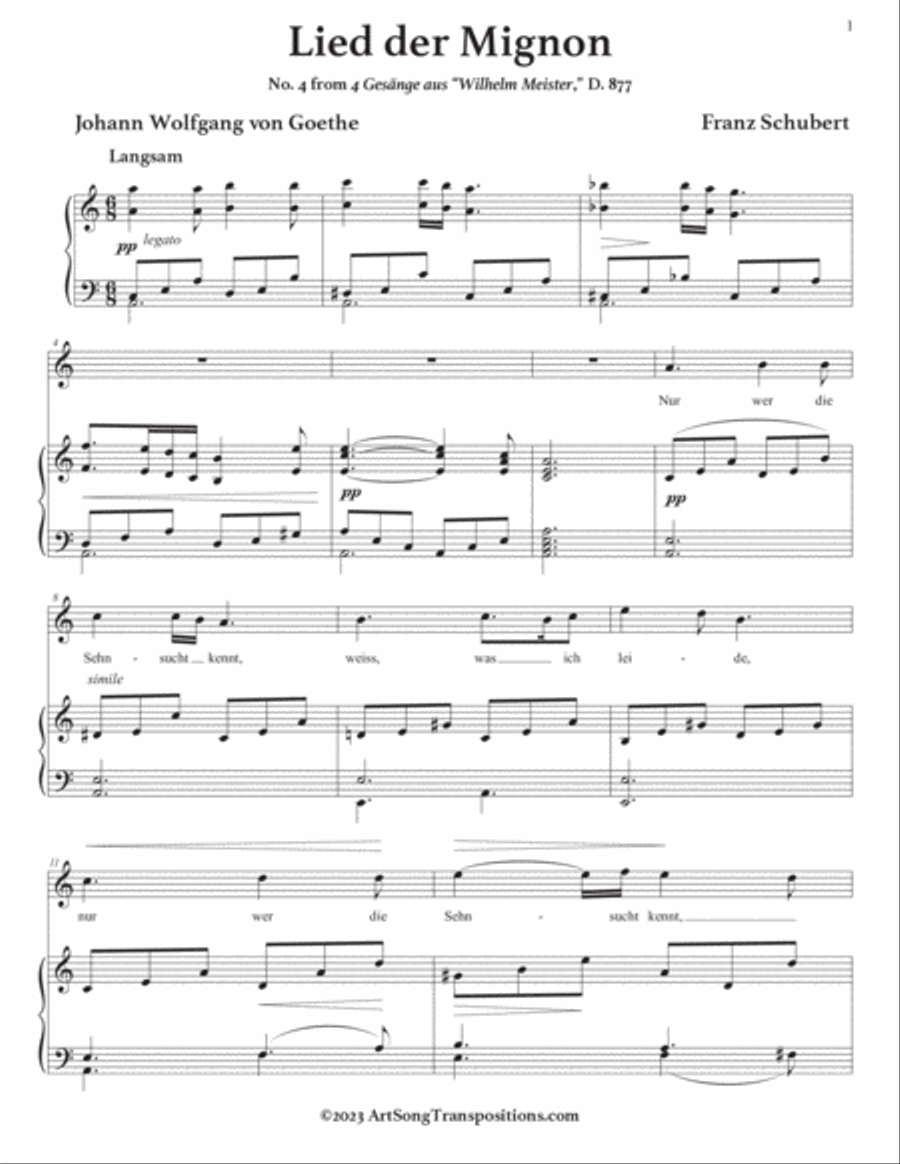 SCHUBERT: Lied der Mignon, D. 877 no. 4 (in 8 keys: A, A-flat, G, F-sharp, F, E, E-flat, D minor) Voice scores gallery preview page 2
