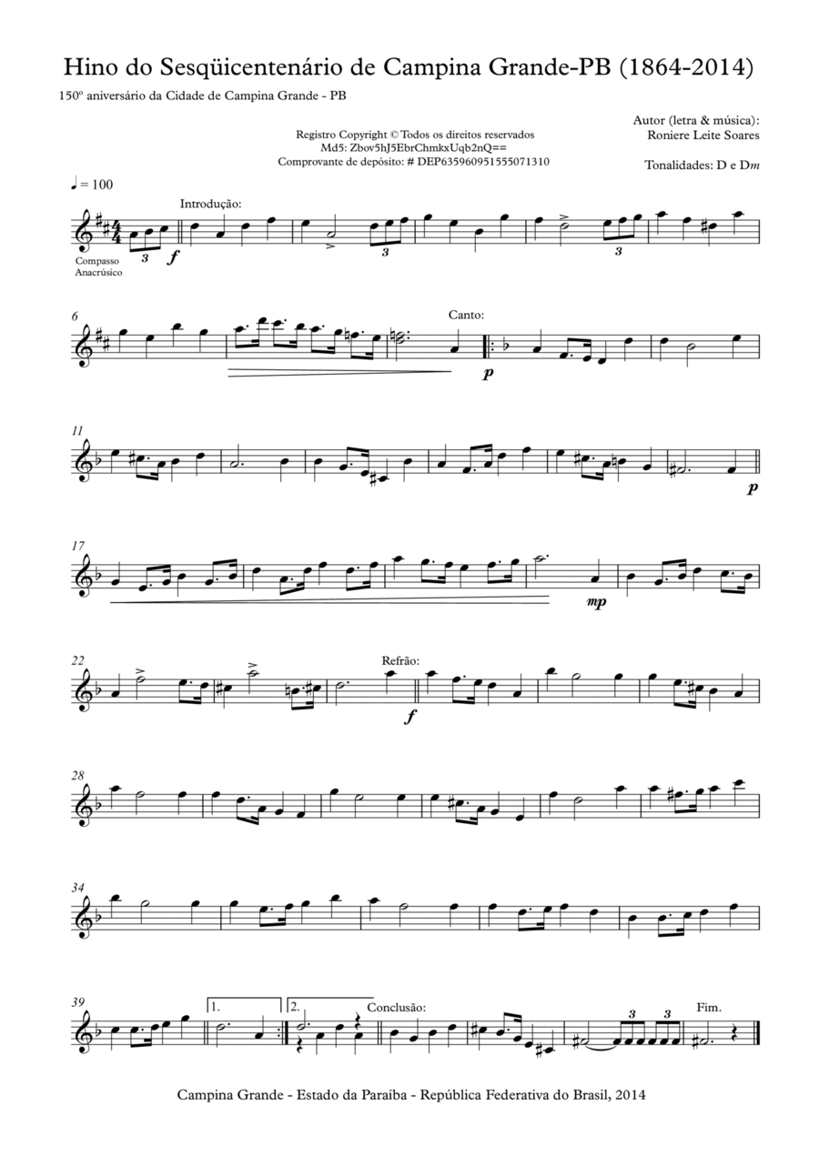 Hino do Sesquicentenário de Campina Grande Easy Piano scores gallery preview page 1