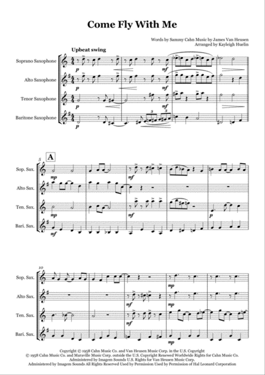 Come Fly With Me Saxophone Quartet scores gallery preview page 1
