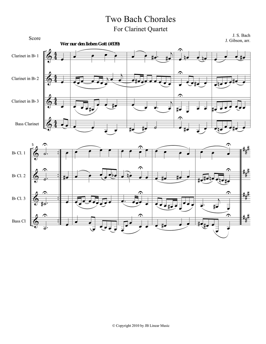 Two Bach Chorales for Clarinet Quartet Clarinet Quartet scores gallery preview page 1