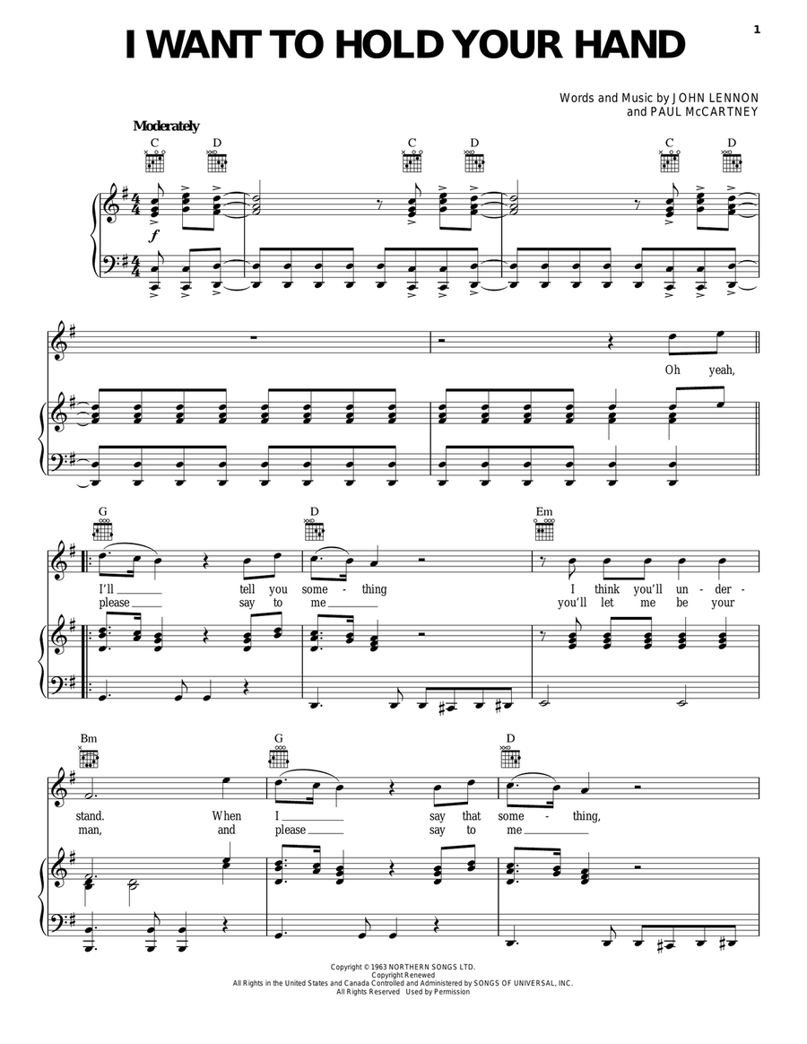 I Want To Hold Your Hand Piano, Vocal, Guitar scores gallery preview page 1