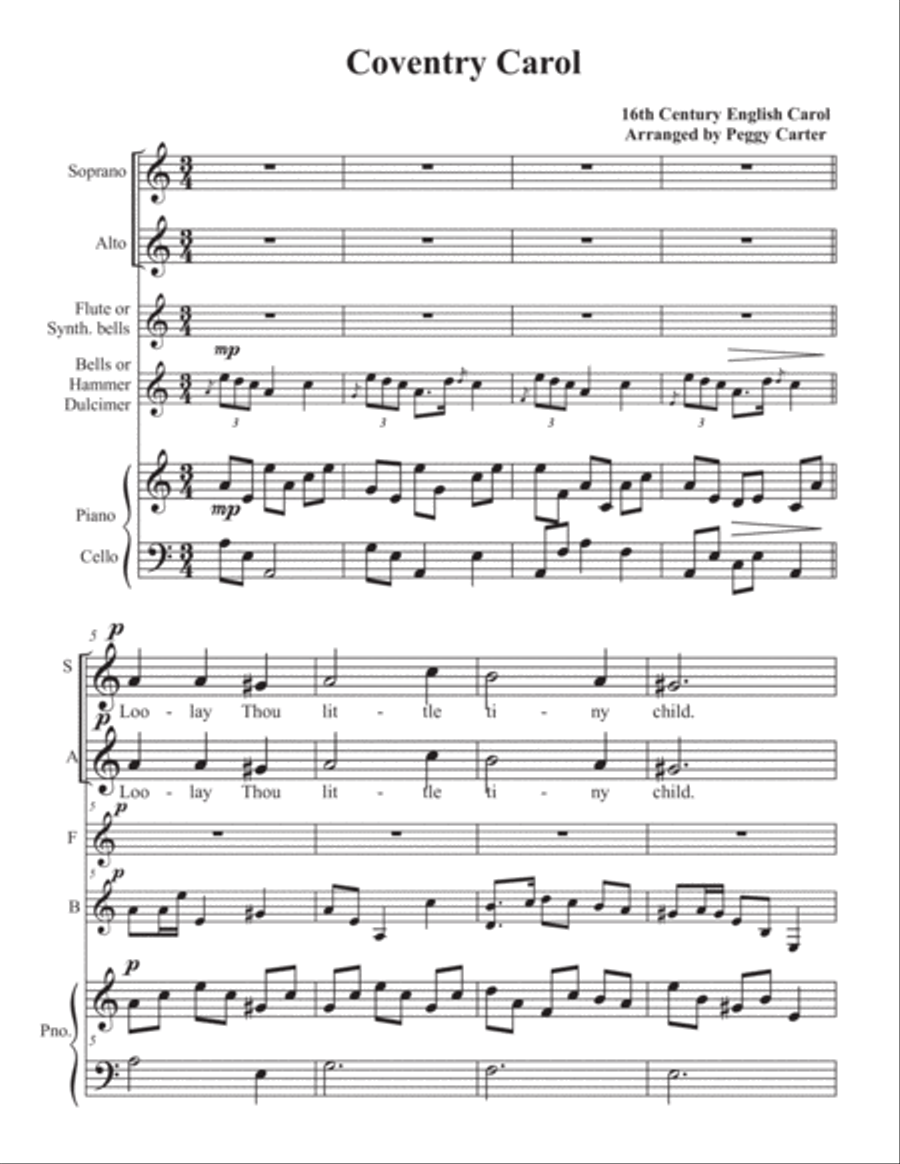 Coventry Carol SA w piano, flute, cello & hammer dulcimer SA scores gallery preview page 2