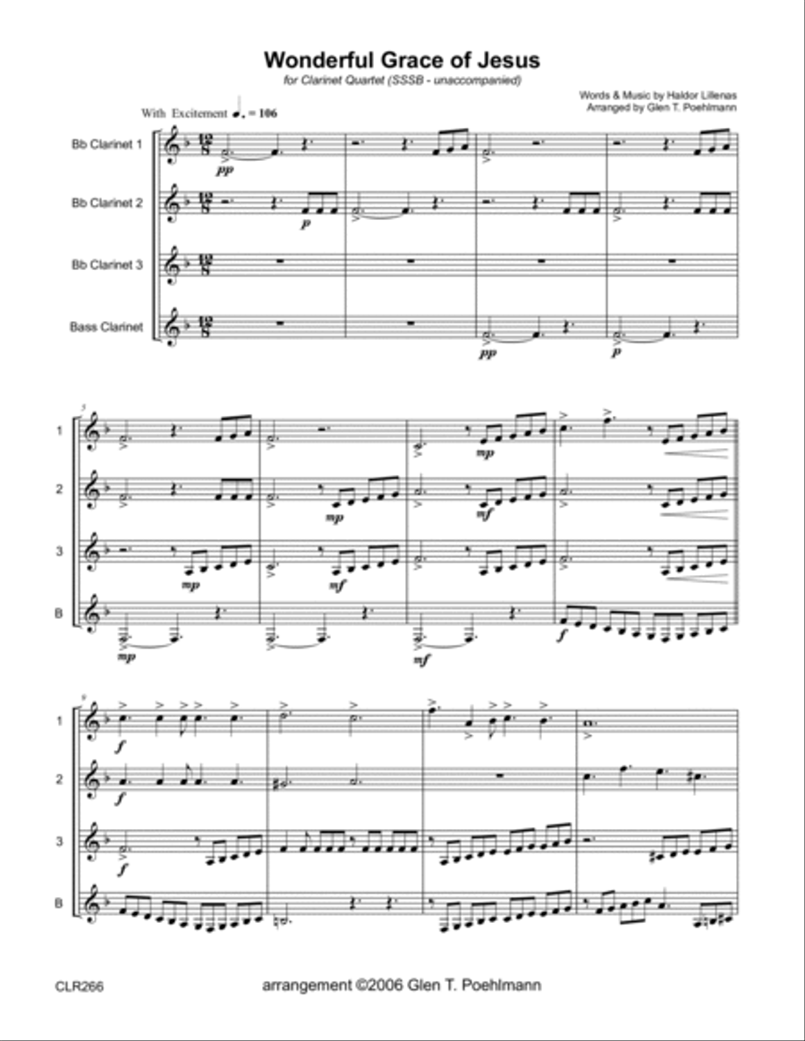 WONDERFUL GRACE OF JESUS - SSSS or SSSB CLARINET QUARTET (unaccompanied) Clarinet Quartet scores gallery preview page 1