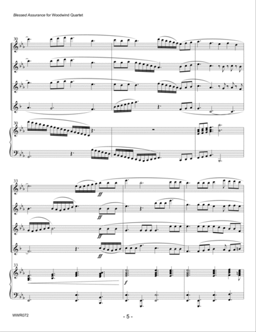 BLESSED ASSURANCE - 2 Flutes, Oboe & Clarinet with optional Piano accompaniment Woodwind Quartet scores gallery preview page 5