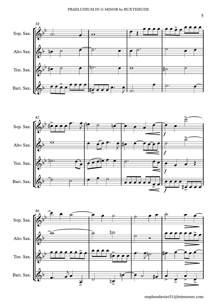 Praeludium & Fugue in G Minor by Dietrich Buxtehude (Buxwv148) for Saxophone Quartet. Saxophone Quartet scores gallery preview page 5