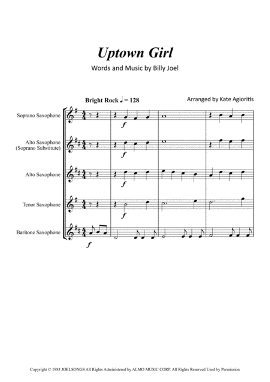 Uptown Girl Saxophone Quartet scores gallery preview page 2