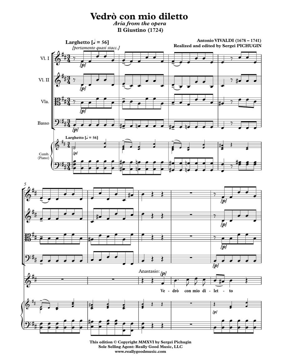 VIVALDI Antonio: Vedrò con mio diletto, aria from the opera Il Giustino, score and parts (B minor)