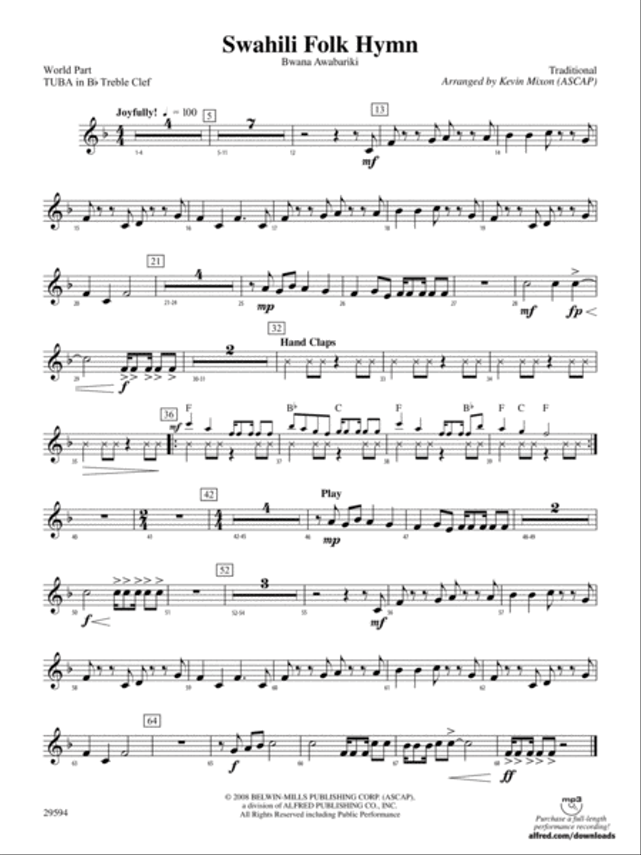 Swahili Folk Hymn (Bwana Awabariki): (World Part) B-flat Tuba T.C. Concert Band scores gallery preview page 1