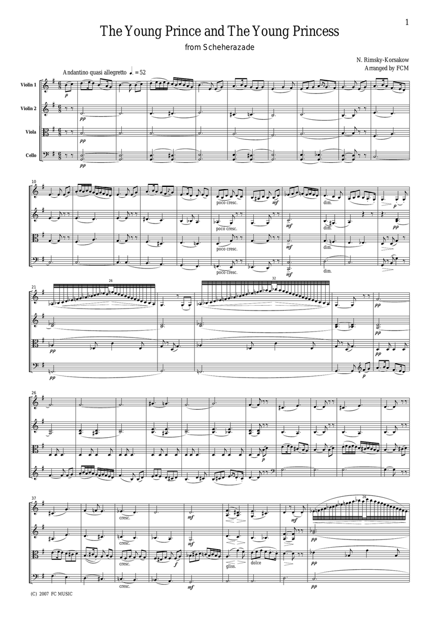 Rimsky-Korsakow The Young Prince and the Young Princess from Scheherazade, for string quartet, CR40 String Quartet scores gallery preview page 1