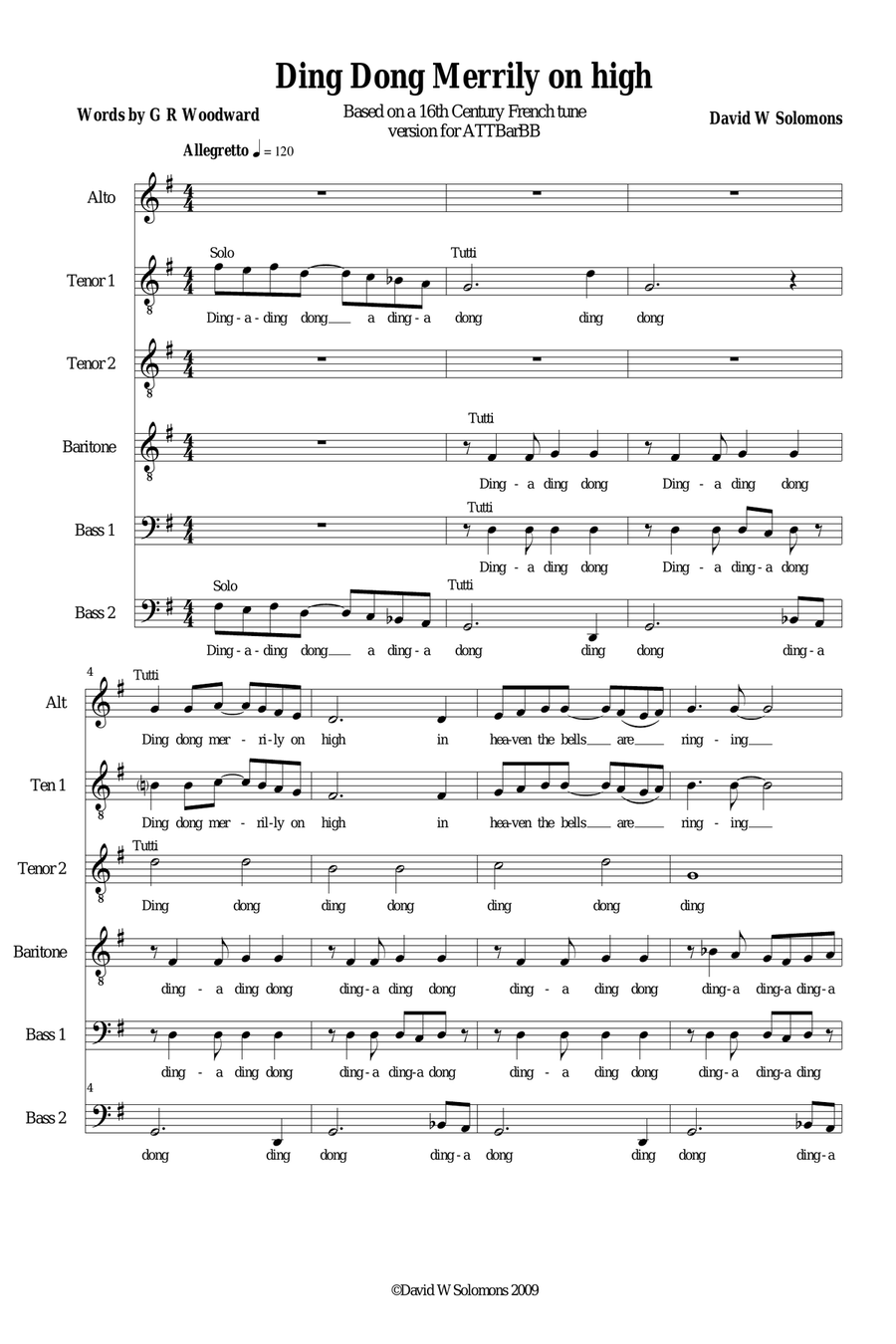 Ding Dong Merrily on high - a new version for male voices (ATTBarBB) Choir scores gallery preview page 1