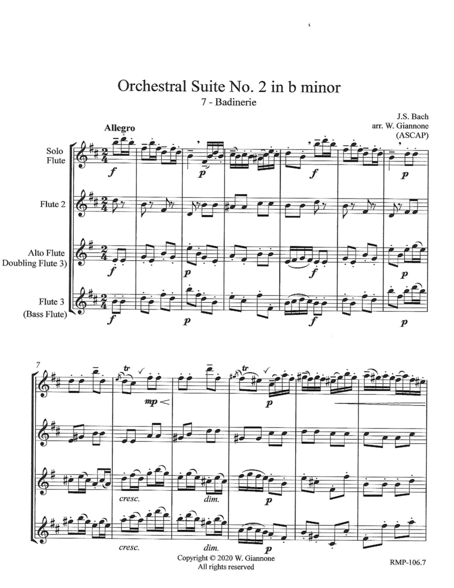 Bach - Badinerie from Orchestral Suite No. 2 in b minor (for 3 flutes) - Score Only Woodwind Quartet scores gallery preview page 1