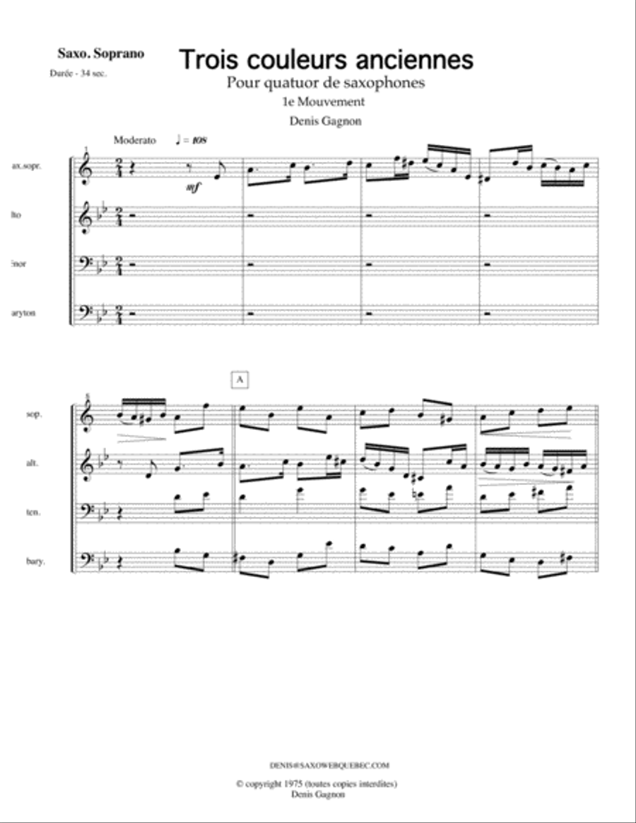 Trois couleurs anciennes (1e mouvement) Pour Quatuor de saxophones (Score et 4 partitions (SATB) image number null