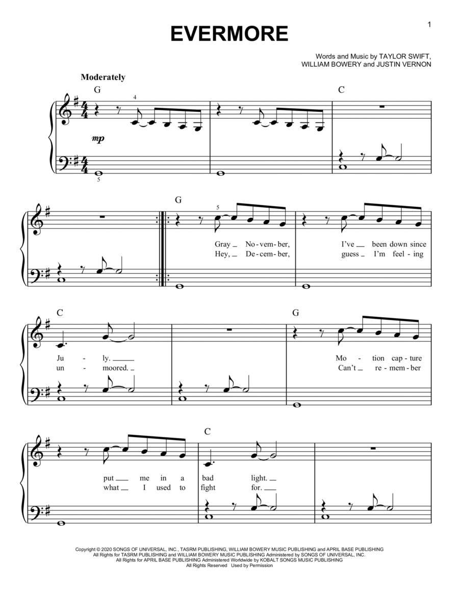 evermore (feat. Bon Iver) Easy Piano scores gallery preview page 1