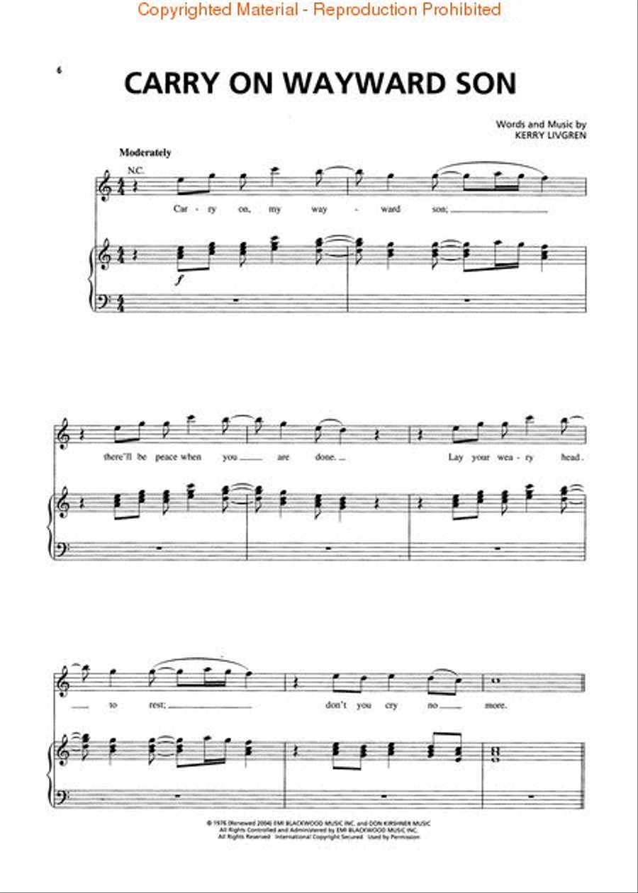 Kansas - Greatest Hits Piano, Vocal, Guitar scores gallery preview page 3