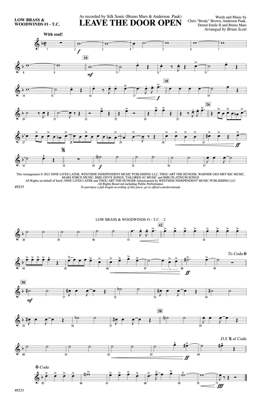 Leave the Door Open: Low Brass & Woodwinds #1 - Treble Clef Marching Band scores gallery preview page 1