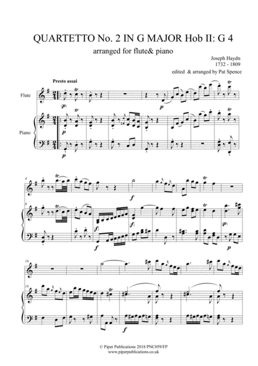 HAYDN QUARTETTO IN G HOB.II: G4 arranged for flute & piano