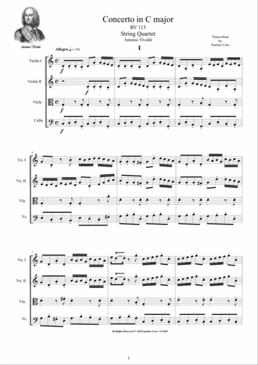 Vivaldi - Concerto in C major RV 113 for String Quartet String Quartet scores gallery preview page 1