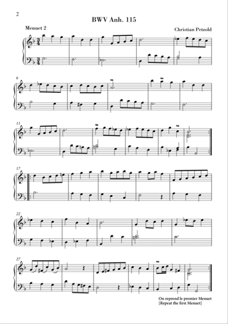 Bach - Minuet in G major and G minor (BWV Anh. 114 - 115) Original Version Piano Solo scores gallery preview page 2
