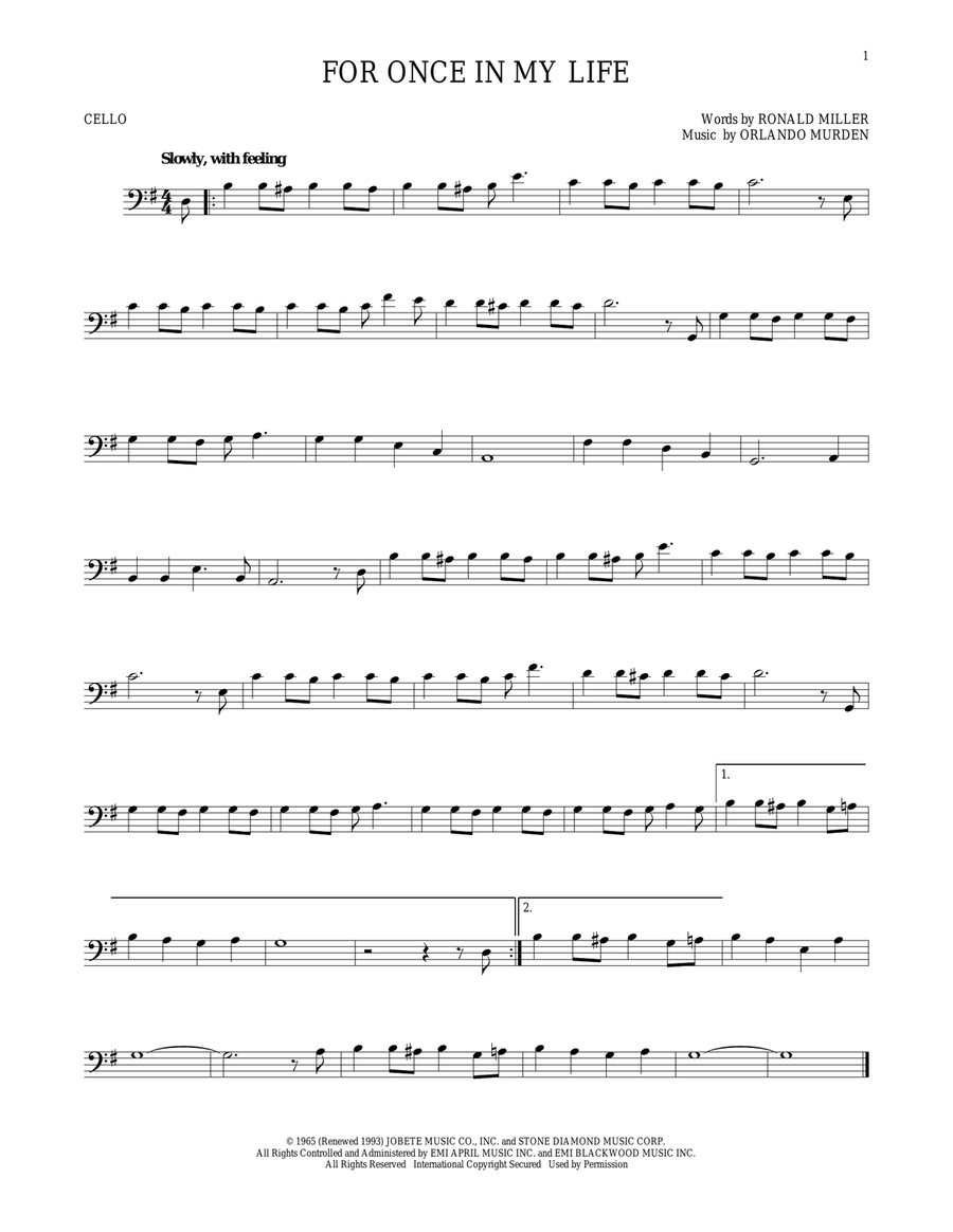For Once In My Life Cello Solo scores gallery preview page 1