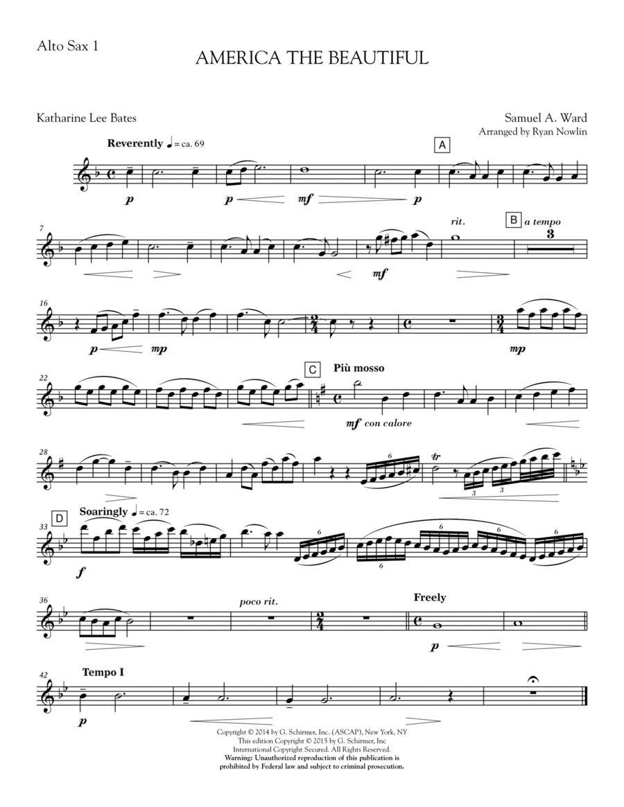 America, the Beautiful - Eb Alto Sax 1 Choir scores gallery preview page 1