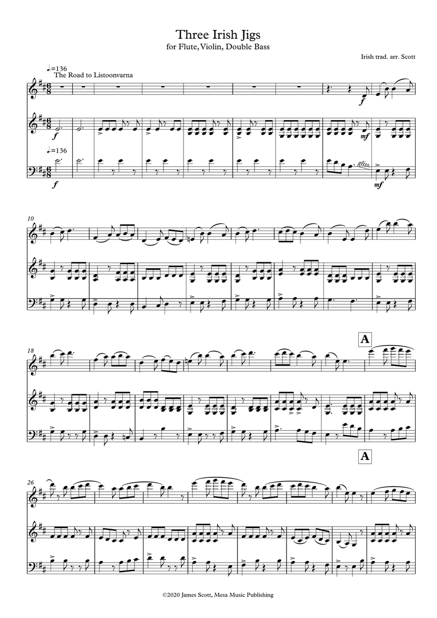 Three Irish Jigs arranged for Flute, Violin, Double Bass by James Scott. Small Ensemble scores gallery preview page 2