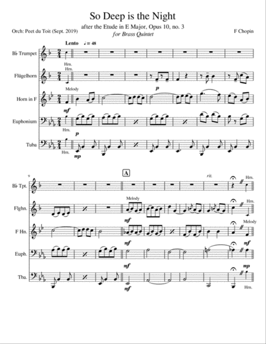 So Deep Is The Night (Tristesse - Etude in E, Opus 10, no.3) - F Chopin Brass Ensemble scores gallery preview page 1