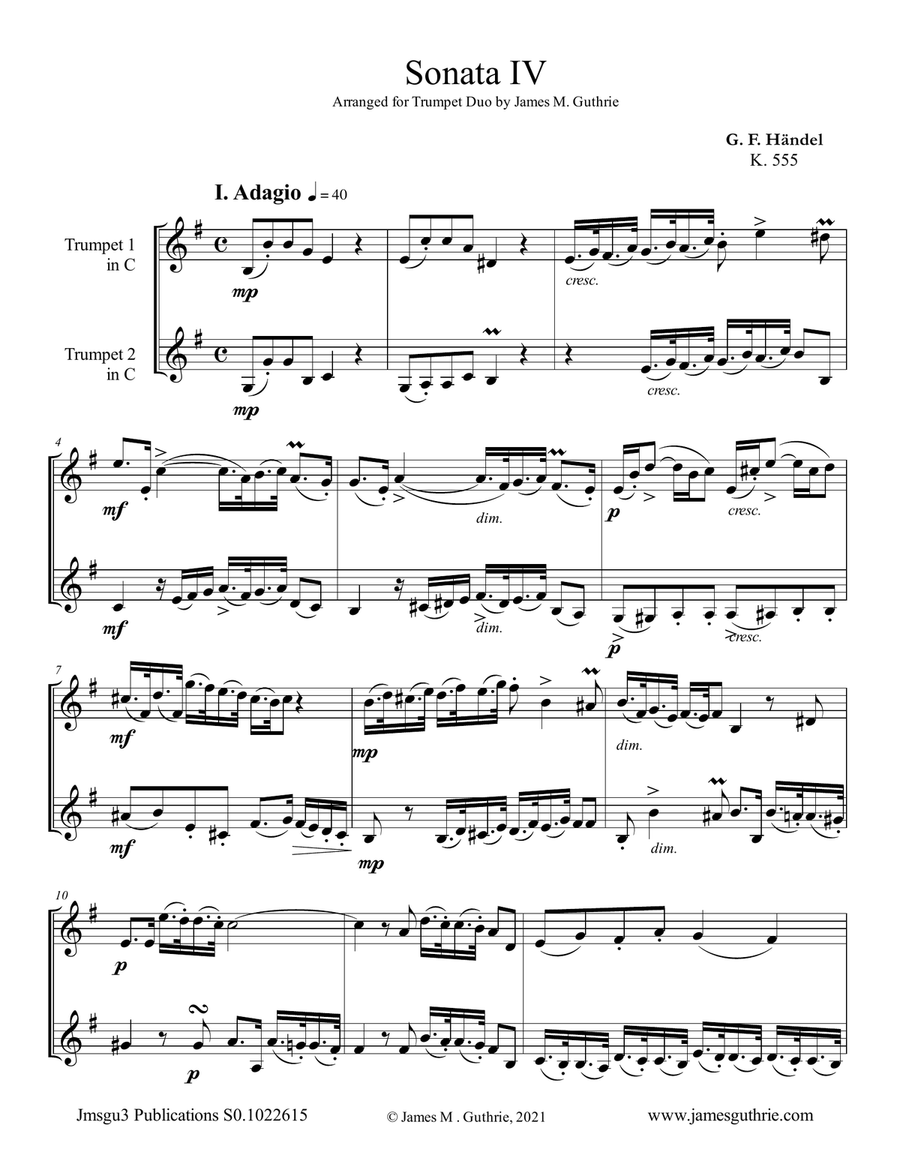 Handel: Sonata No. 4 for Trumpet Duo Trumpet Duet scores gallery preview page 1