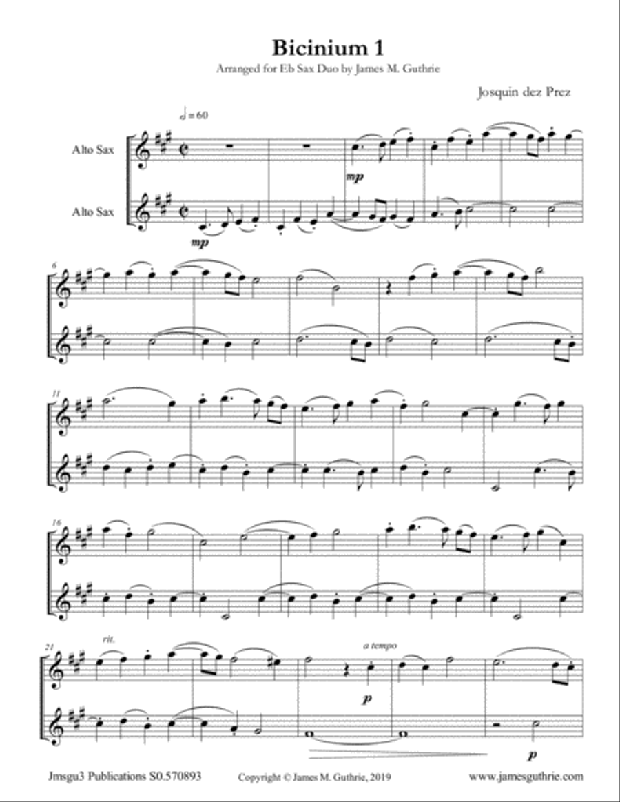 Josquin: Bicinium 1 for Eb Sax Duo Woodwind Duet scores gallery preview page 1