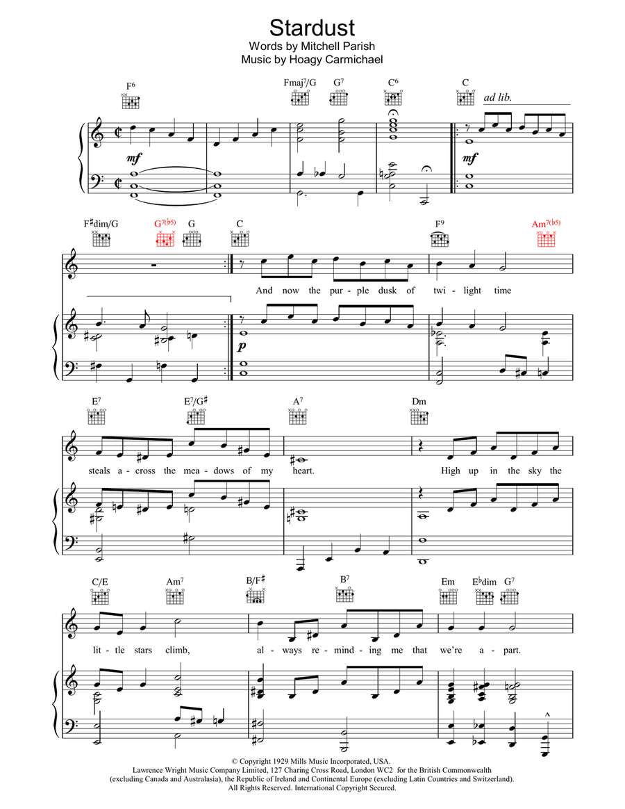 Stardust Piano, Vocal, Guitar scores gallery preview page 1