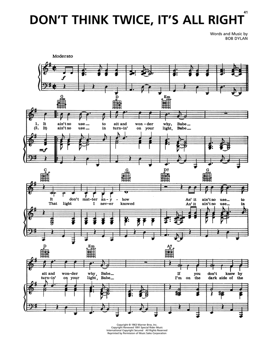Don't Think Twice, It's All Right Piano, Vocal, Guitar scores gallery preview page 1