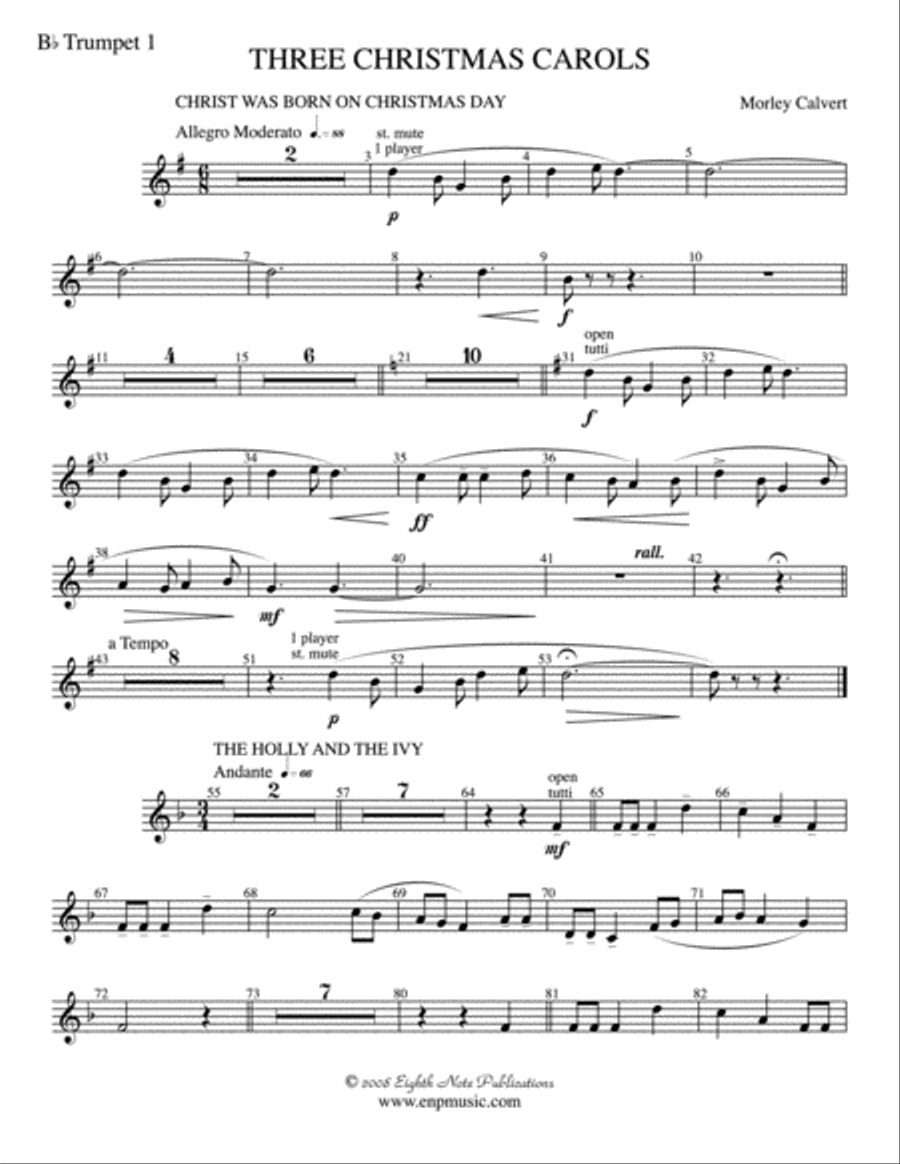 Three Christmas Carols: 1st B-flat Trumpet Concert Band scores gallery preview page 1