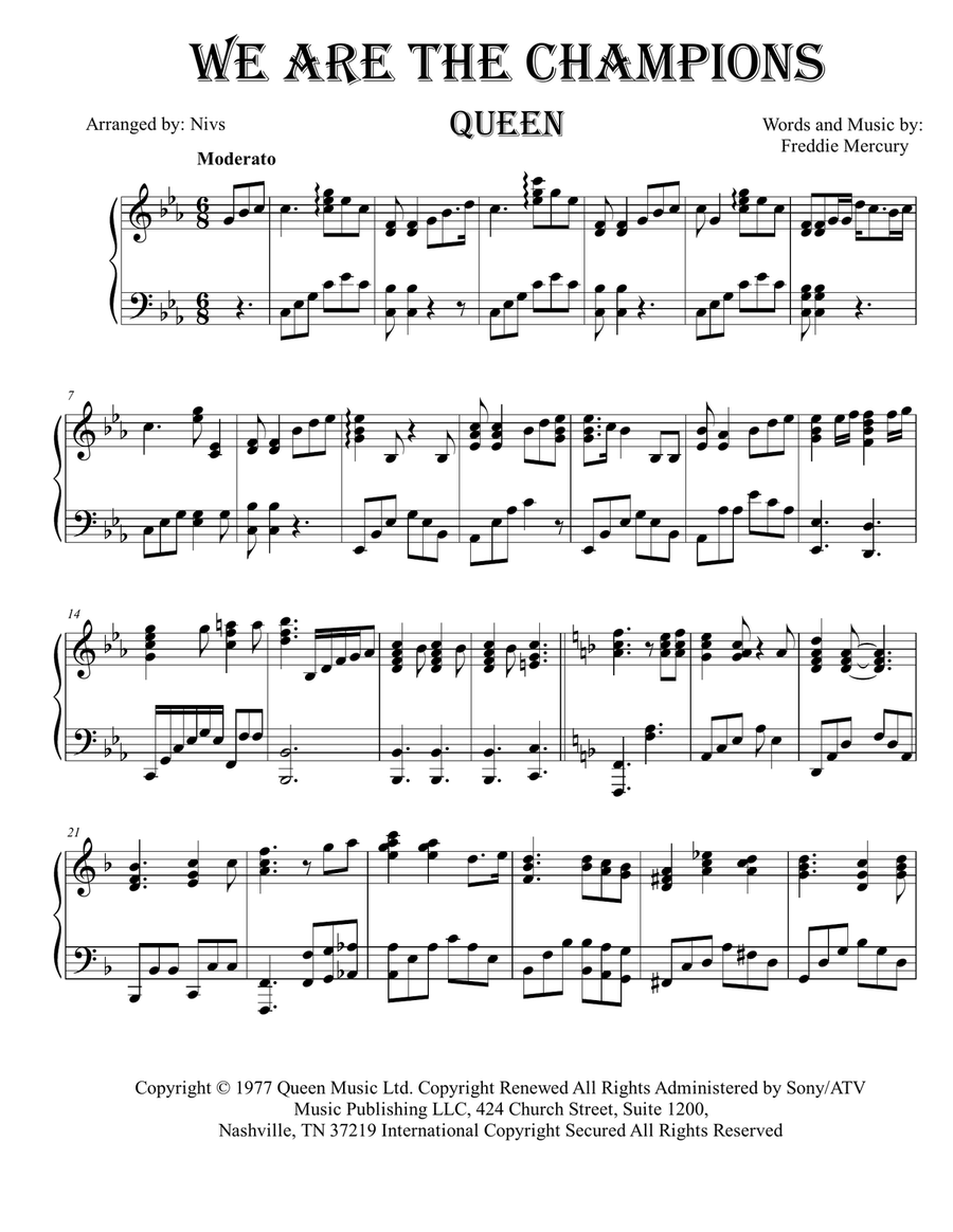 We Are The Champions Piano Solo scores gallery preview page 1