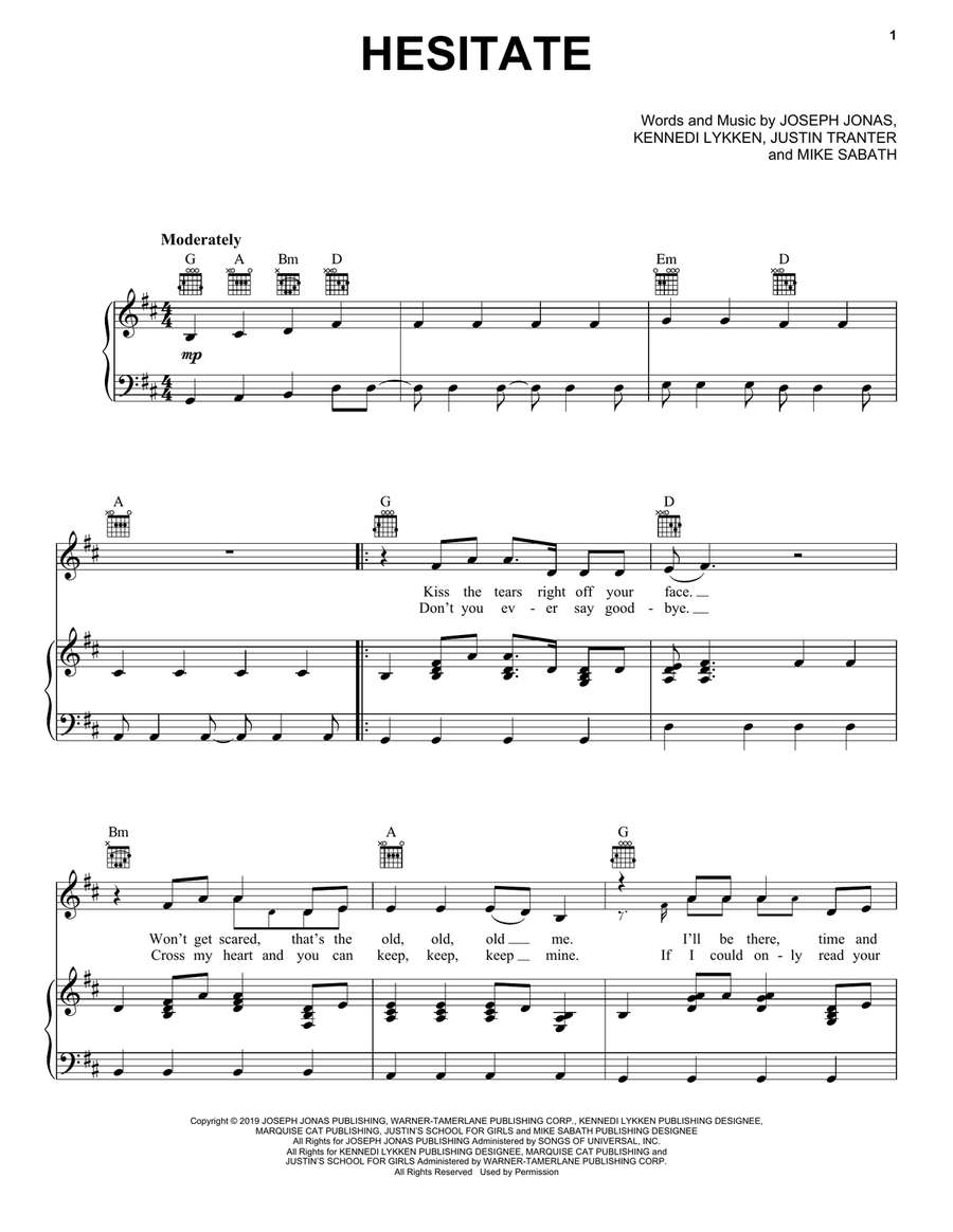 Hesitate Piano, Vocal, Guitar scores gallery preview page 1