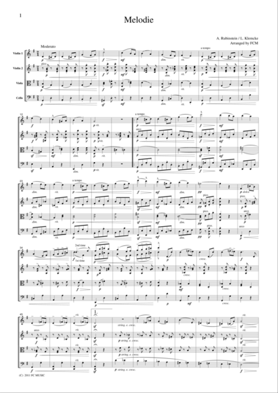 Rubinstein Melody, for string quartet, CR501 String Quartet scores gallery preview page 1