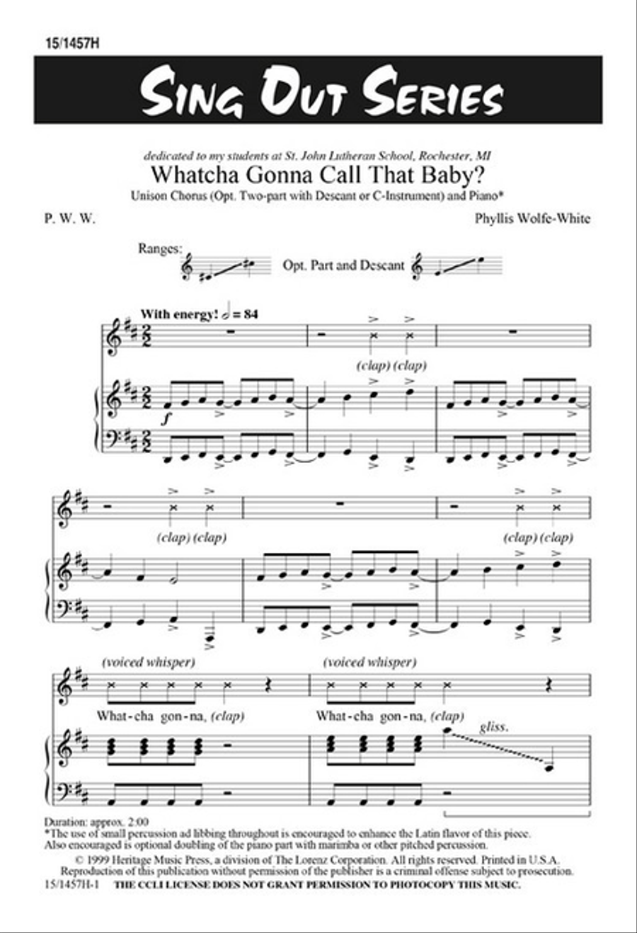 Whatcha Gonna Call That Baby? Unison Choir scores gallery preview page 1
