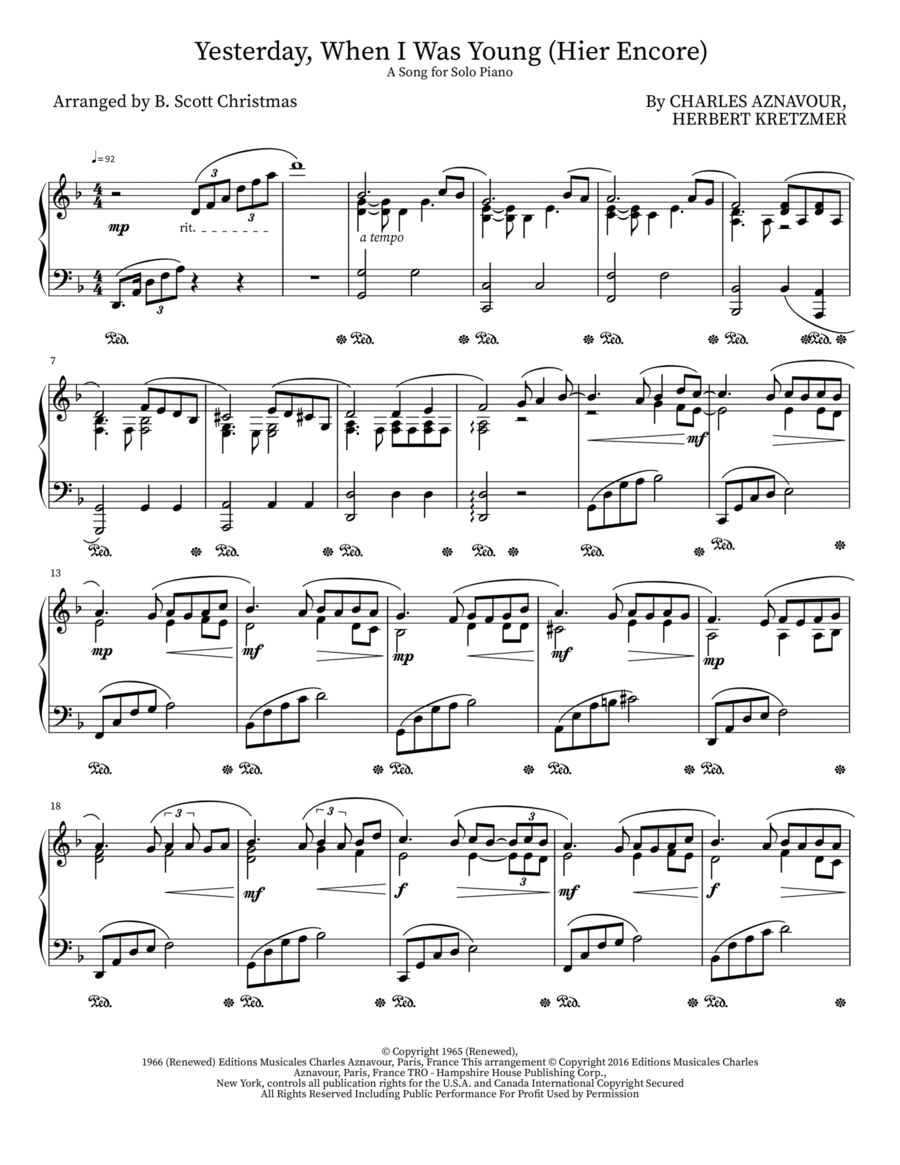 Yesterday, When I Was Young (Hier Encore) Piano Solo scores gallery preview page 1