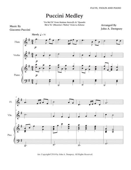 Puccini Medley: Un Bel Di (Madame Butterfly) / Musetta's Waltz (La Boheme): Flute, Violin & Piano image number null