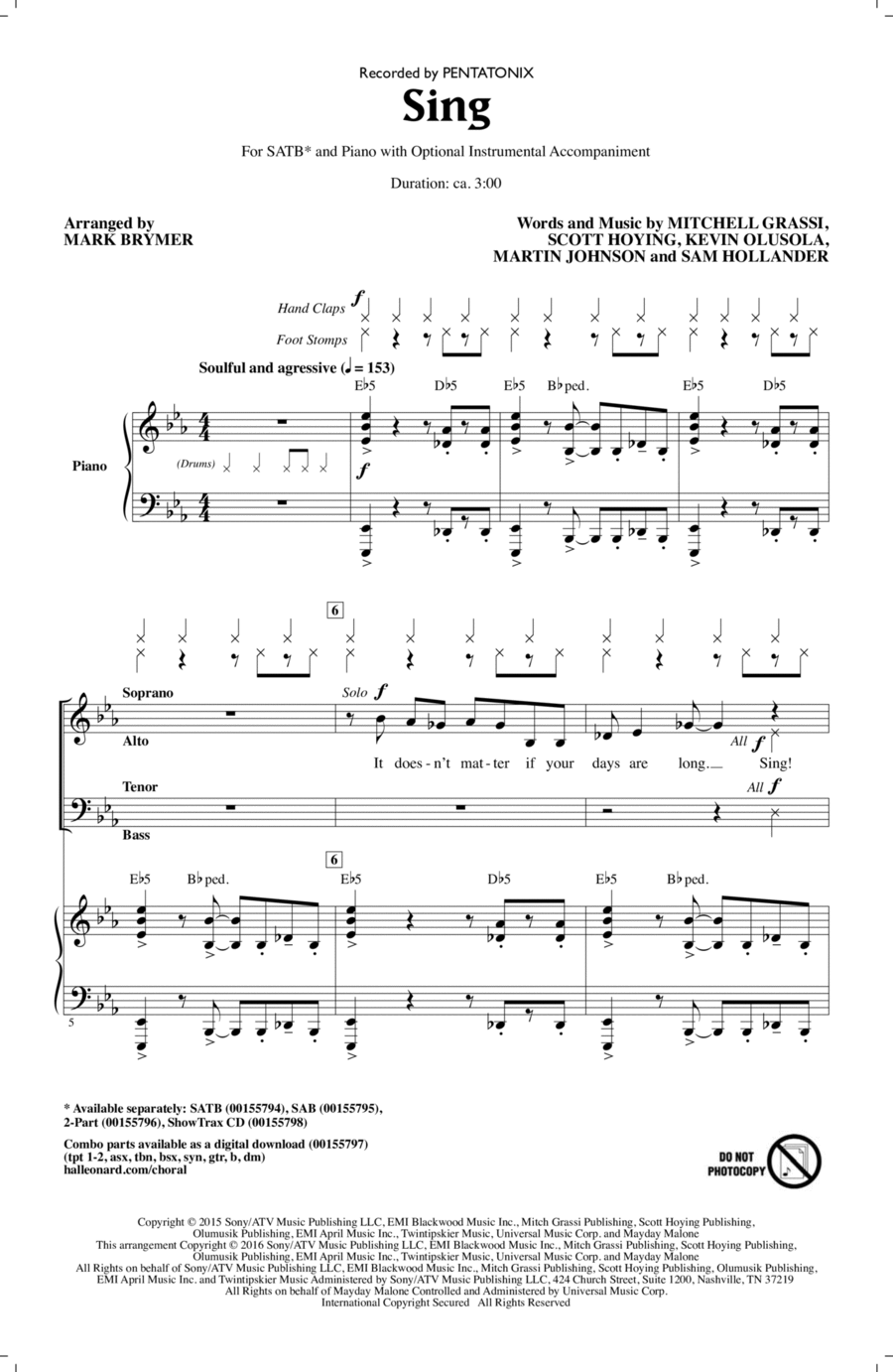 Sing (arr. Mark Brymer) 4-Part scores gallery preview page 1