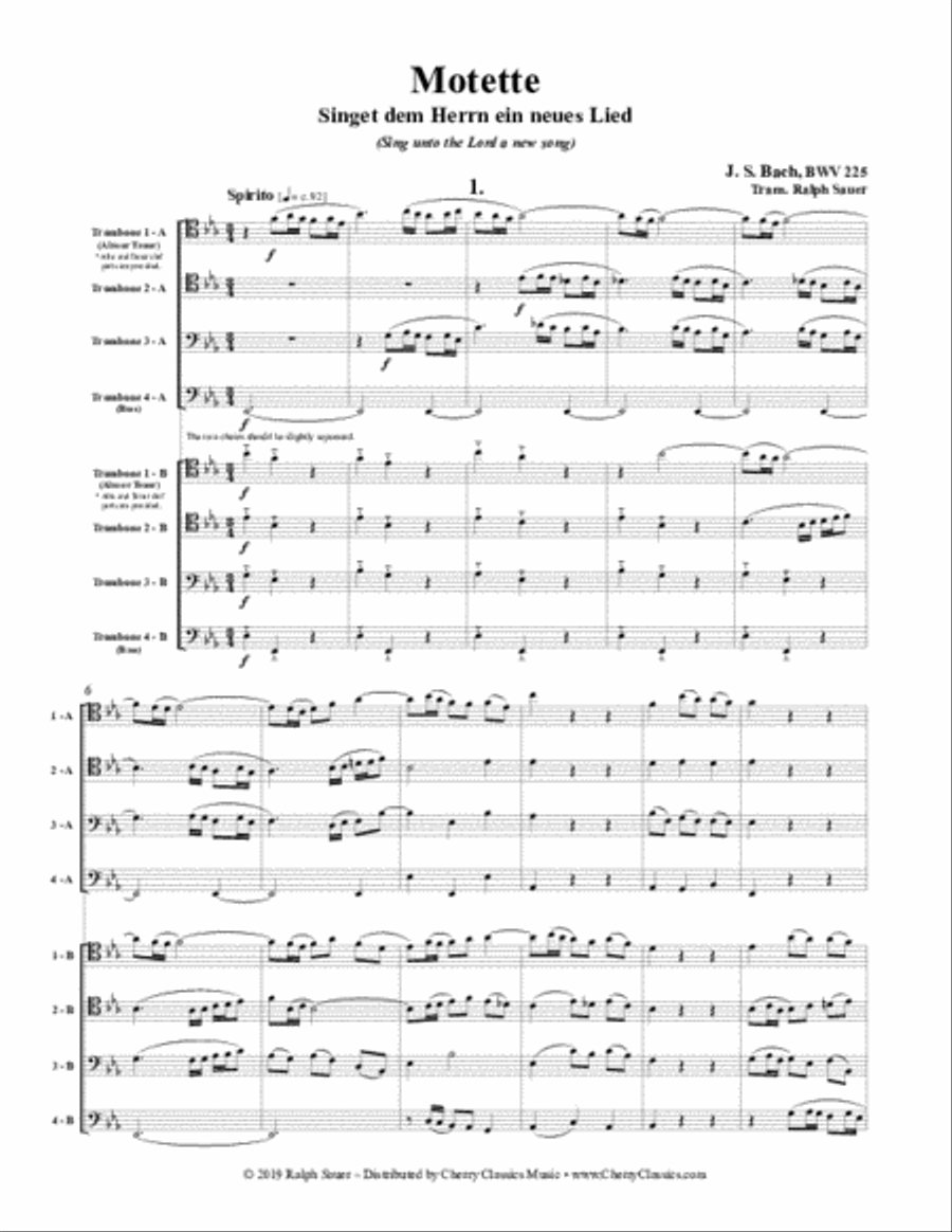 Motet Singet dem Herrn ein neues Lied (Sing unto the Lord a new song) BWV 225 for 8-part Trombone Ensemble Trombone scores gallery preview page 2