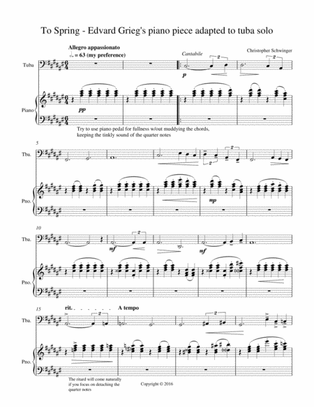 To Spring tuba solo with piano (Grieg piano piece adapted to tuba + piano)