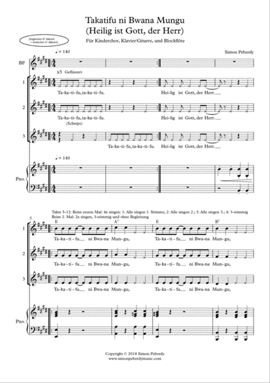 Takatifu ni Bwana Mungu, (Heilig / Sanctus for Children's Choir) SA scores gallery preview page 2