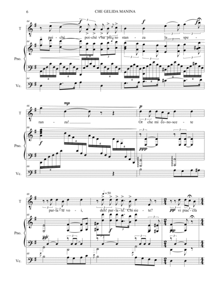 CHE GELIDA MANINA - Fron Boheme - Puccini - Arr. for Tenor, Piano and, ad libitum, Cello. With Parts image number null