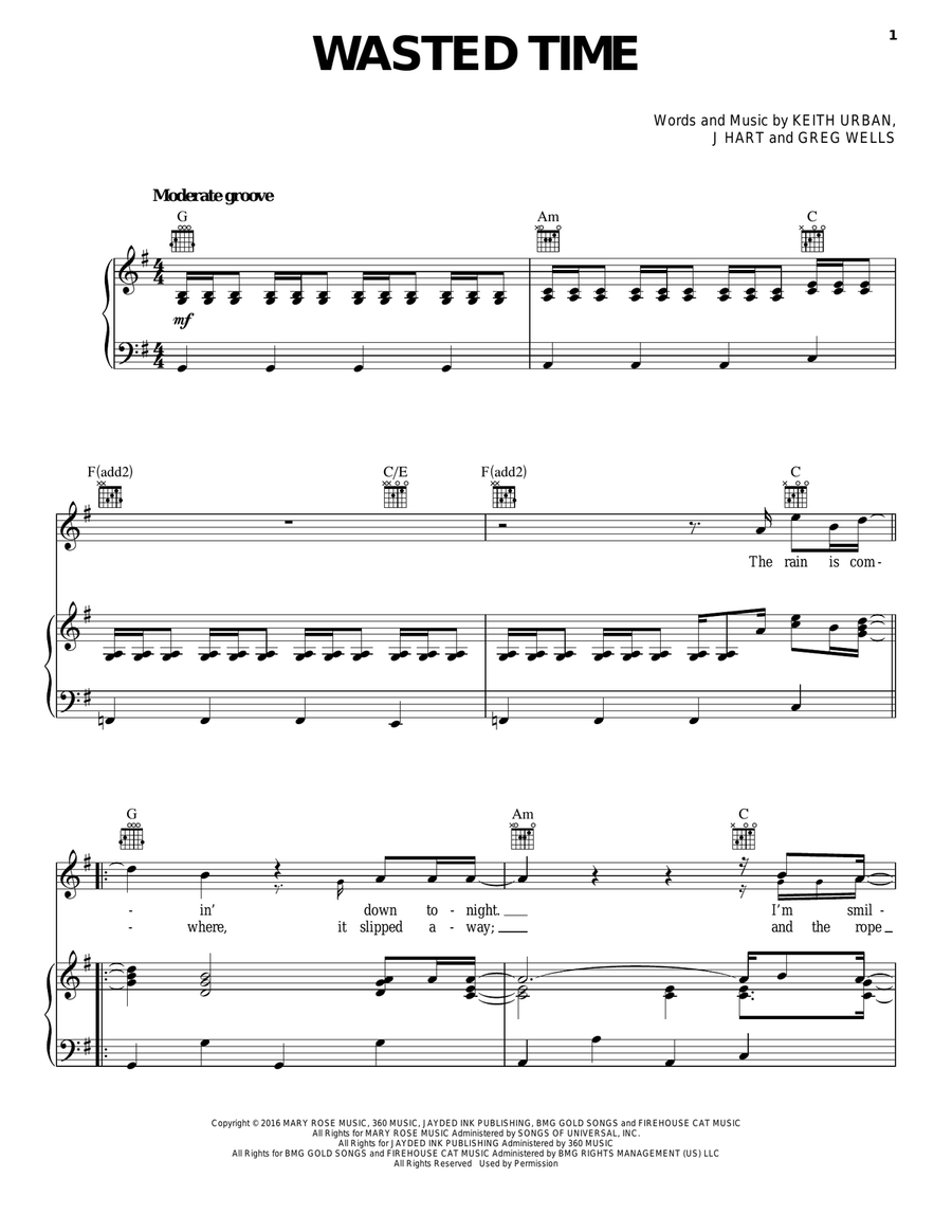 Wasted Time Wasted Time Piano, Vocal, Guitar scores gallery preview page 1