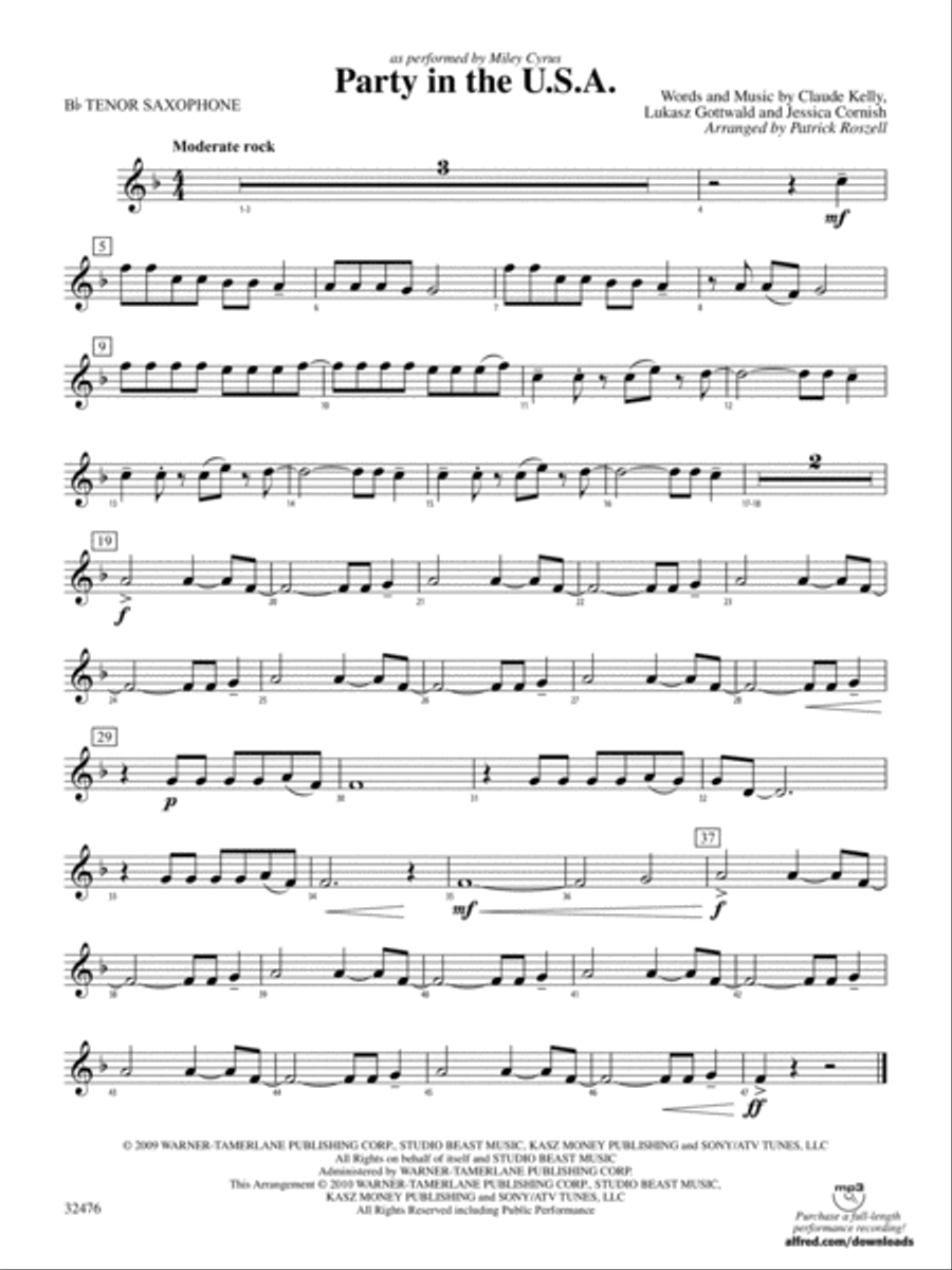 Party in the U.S.A.: B-flat Tenor Saxophone Concert Band scores gallery preview page 1