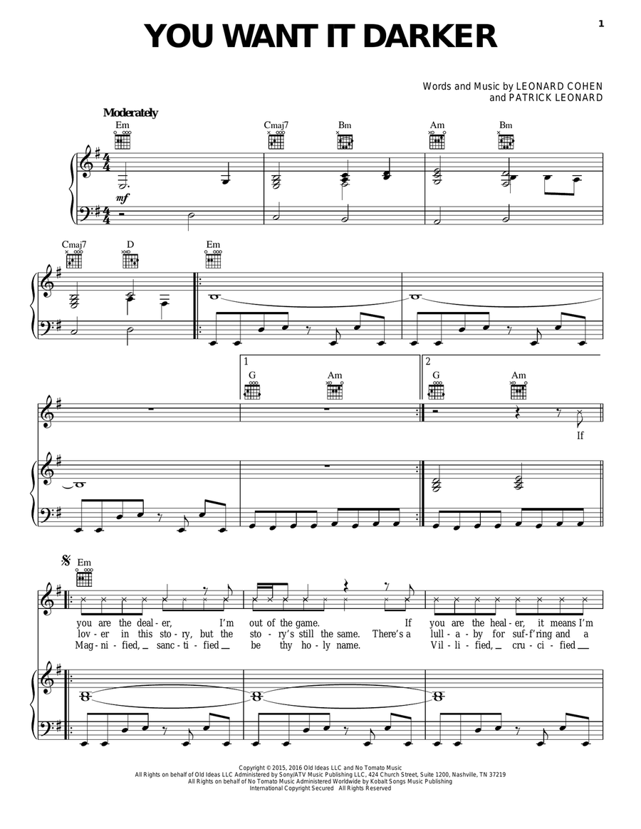 You Want It Darker Piano, Vocal, Guitar scores gallery preview page 1