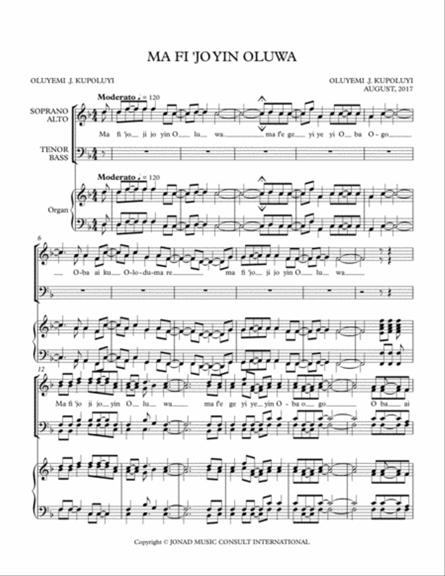 MA FI 'JO YIN OLUWA MA FI 'JO YIN OLUWA 4-Part scores gallery preview page 1