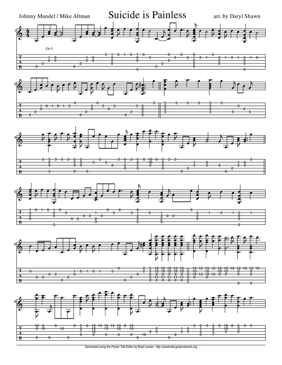 Song From M*a*s*h (suicide Is Painless) Guitar Tablature scores gallery preview page 1