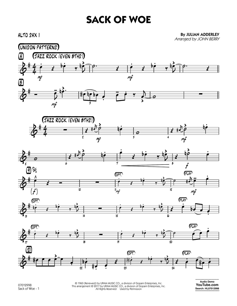 Sack of Woe - Alto Sax 1 Jazz Ensemble scores gallery preview page 1